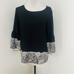 Max Edition Women’s Small Black Top with White Lace Detail Bell Sleeves EUC
